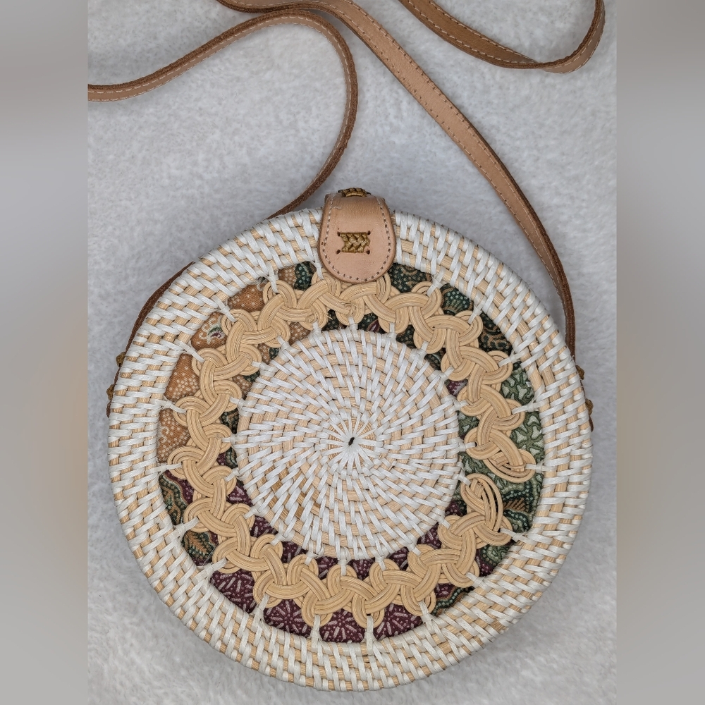 Amerii Rattan Woven Round Crossbody Bag - Cream and Tan